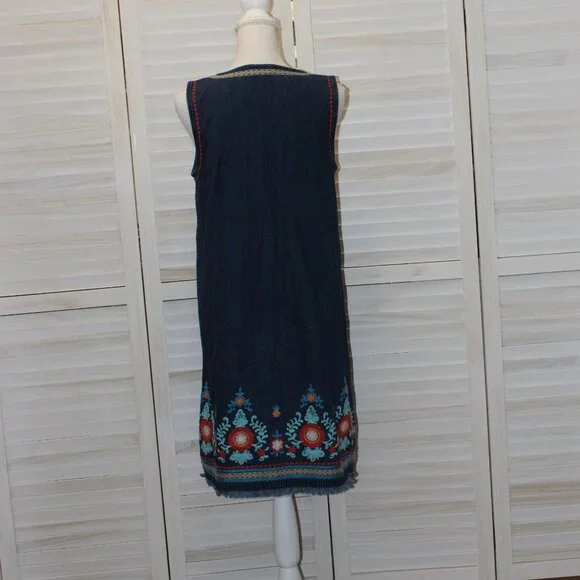 J Jill Denim Jumper Dress Frayed Hem Embroidery Size Small - Picture 6 of 7